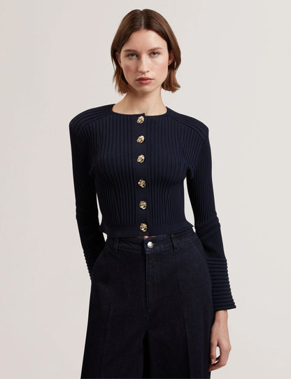 Women's DAYYZI-Rib Knit Biker Detail Cardigan Navy