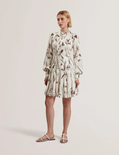 Women's ELODIZA-Linen Silk Pleated Mini Dress Ivory