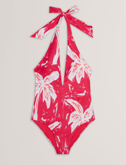 GENEVEE: Printed Plunge Halter Neck Swimsuit