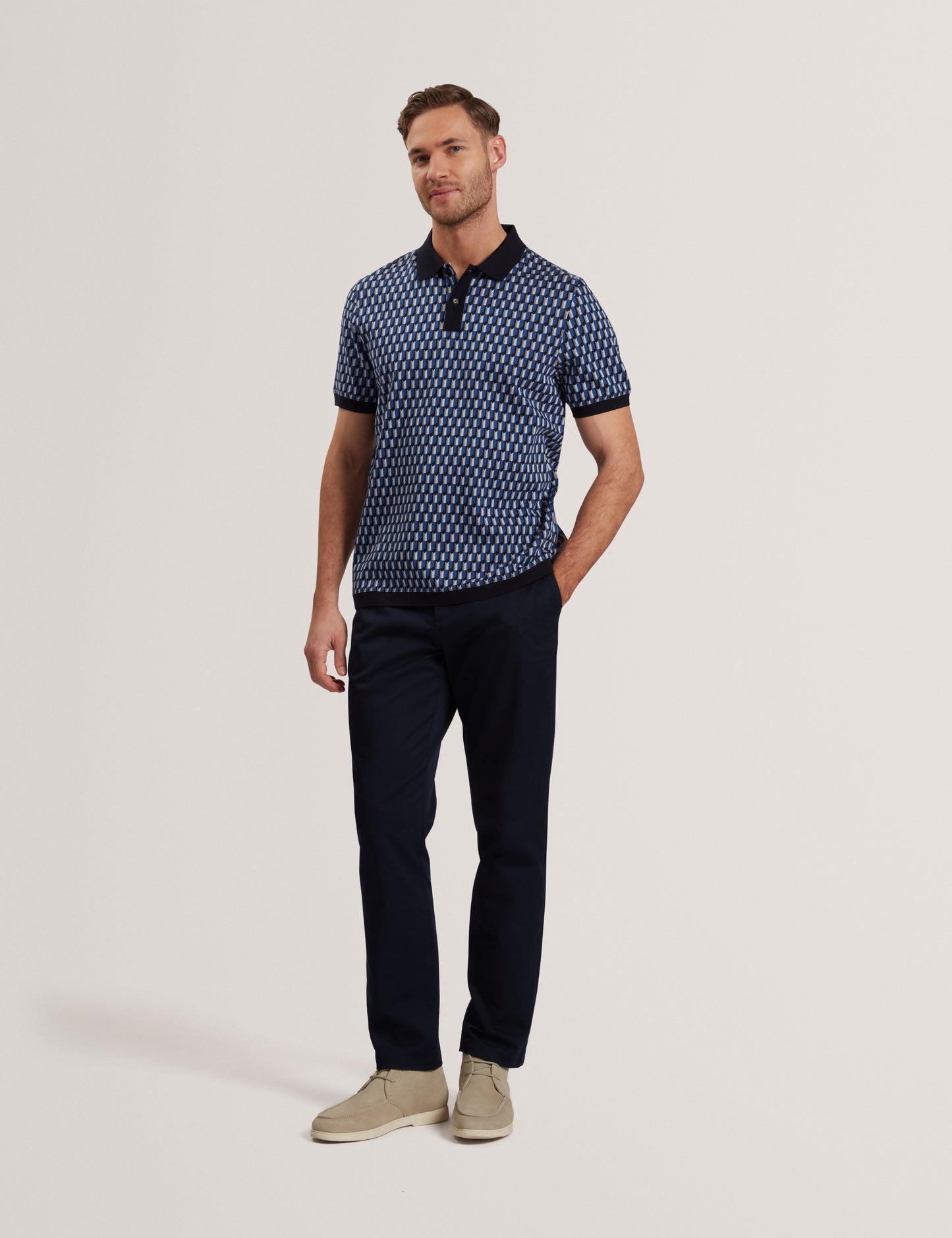 Men's HAMISHS-SS Jacquard Stripe Geo Polo Navy
