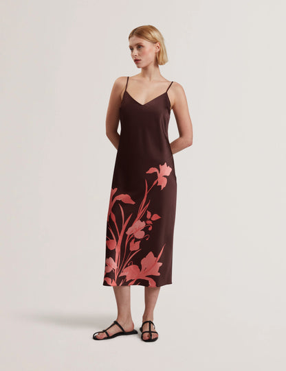 Women's LATTENA-Printed Satin Midi Dress With Removable Tank DK-Brown