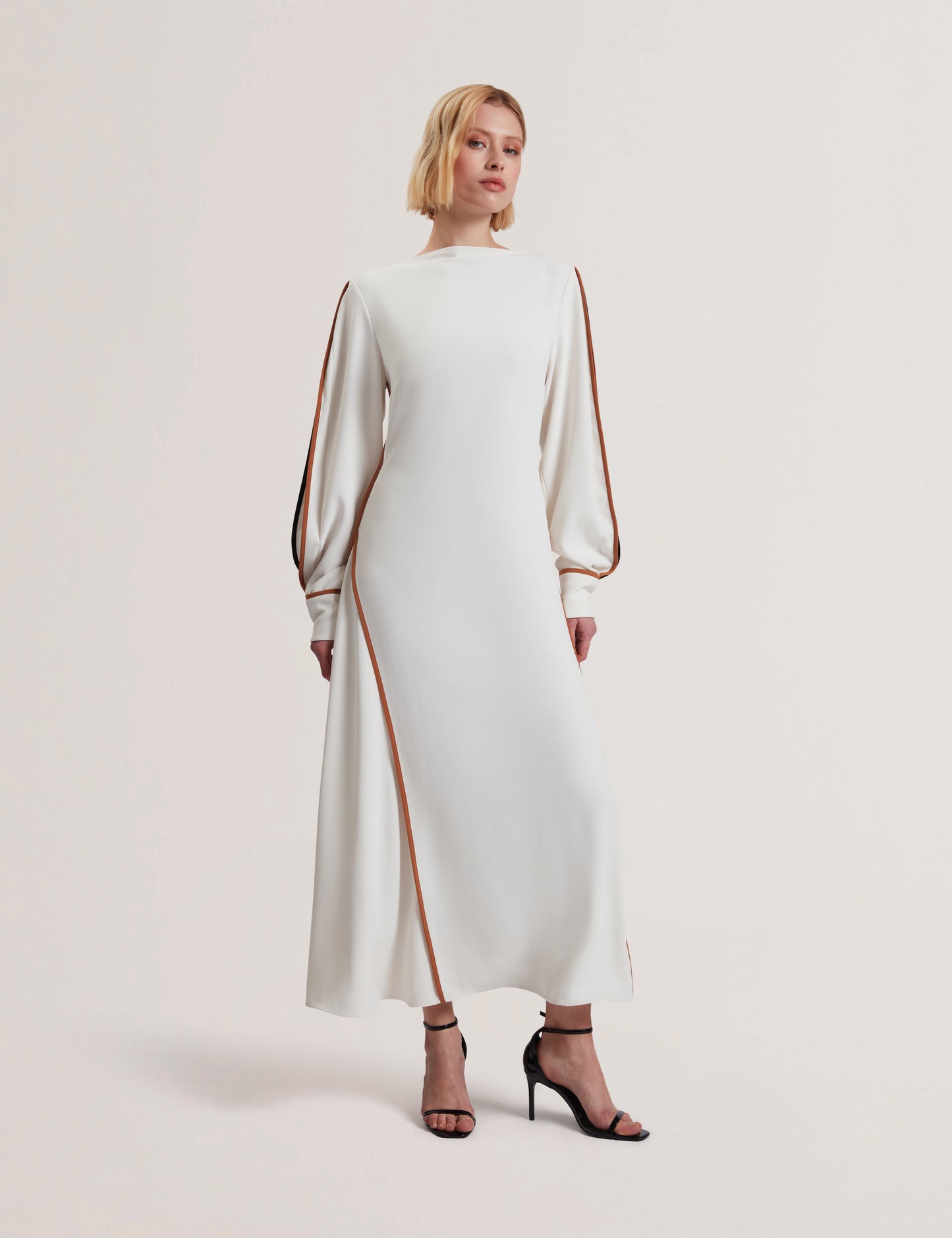 Women's MEARIM-Piping Detail Long Sleeve Mid Dress Ivory