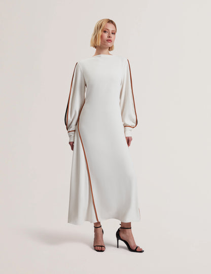 Women's MEARIM-Piping Detail Long Sleeve Mid Dress Ivory