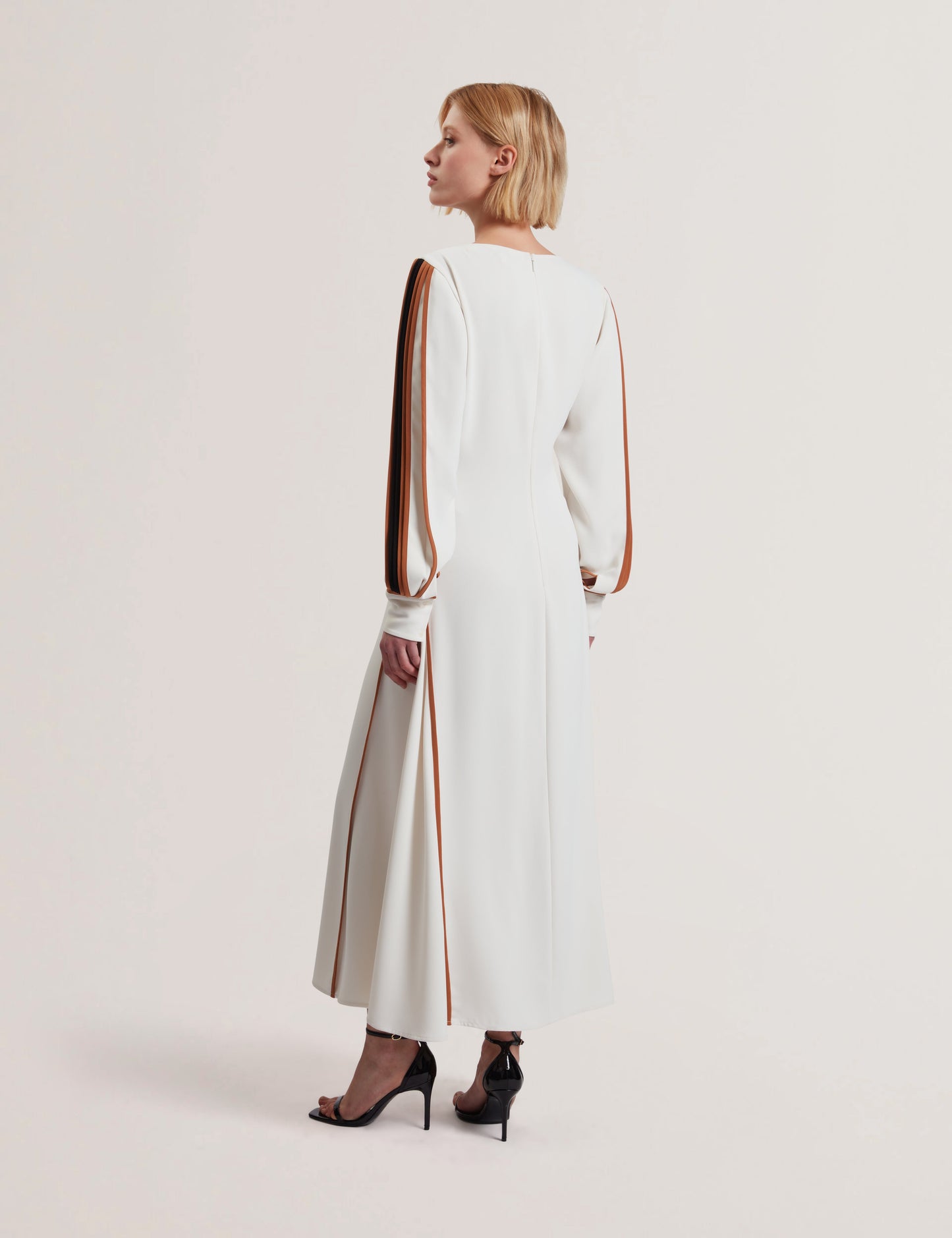 Women's MEARIM-Piping Detail Long Sleeve Mid Dress Ivory