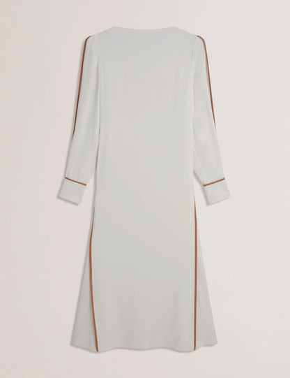 Women's MEARIM-Piping Detail Long Sleeve Mid Dress Ivory