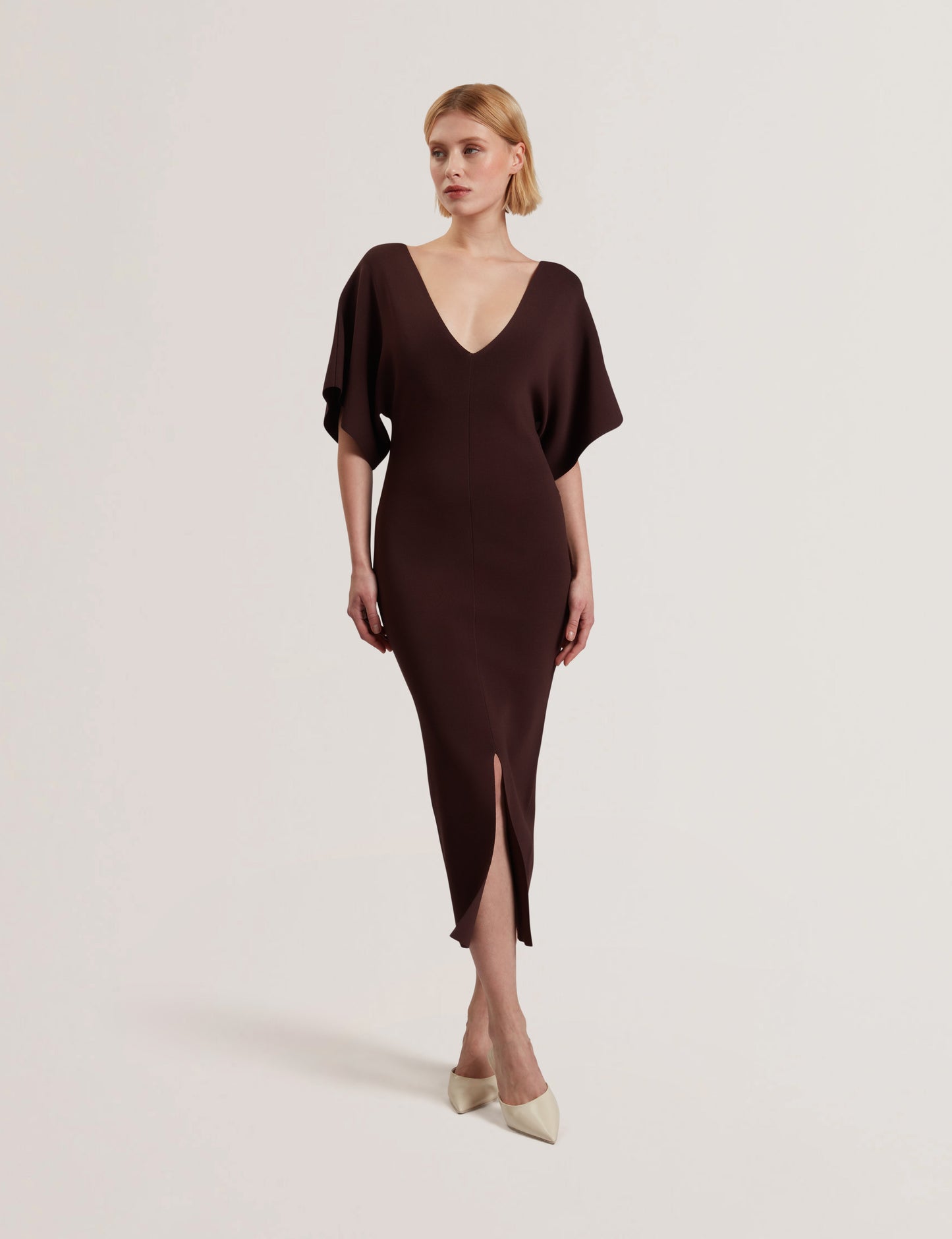 Women's REBEXXA-V-Neck Knitted Midi Dress Dk-Brown