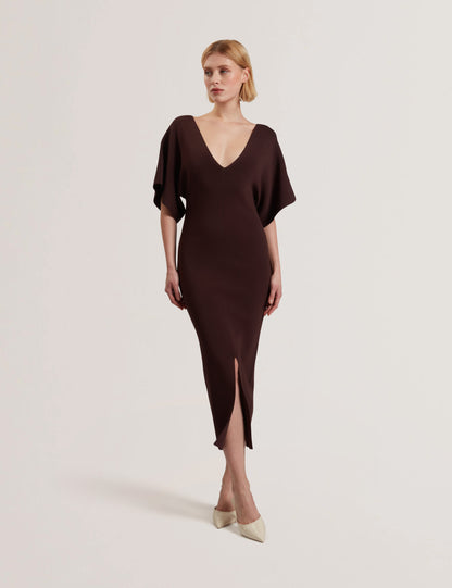 Women's REBEXXA-V-Neck Knitted Midi Dress Dk-Brown
