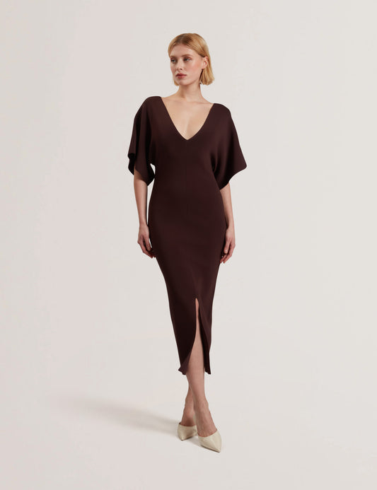 Women's REBEXXA-V-Neck Knitted Midi Dress Dk-Brown