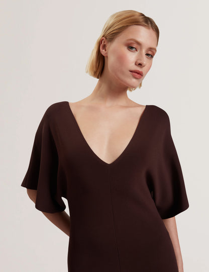 Women's REBEXXA-V-Neck Knitted Midi Dress Dk-Brown