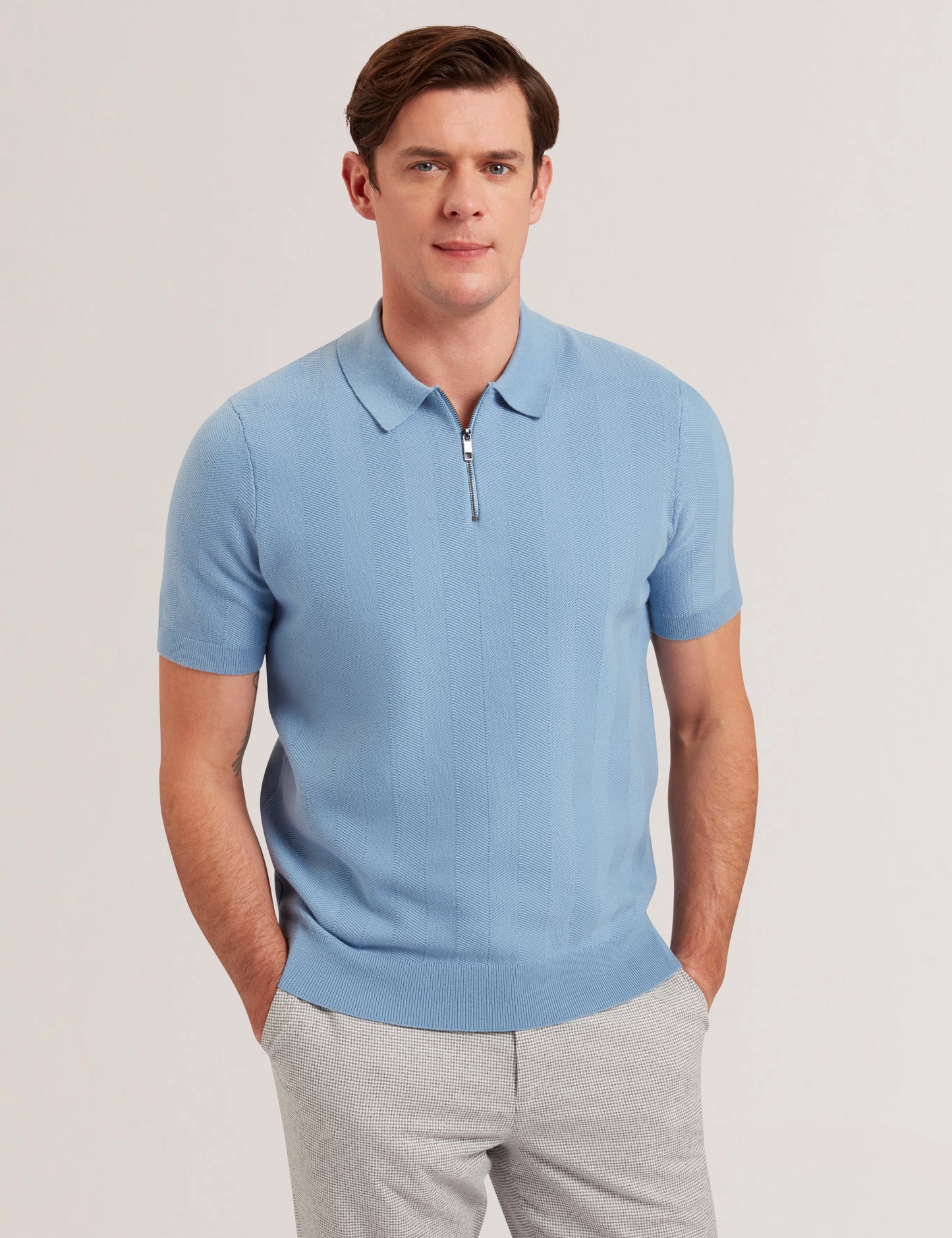 Mens FOURD-SS Herringbone Stitch Zip Polo Blue