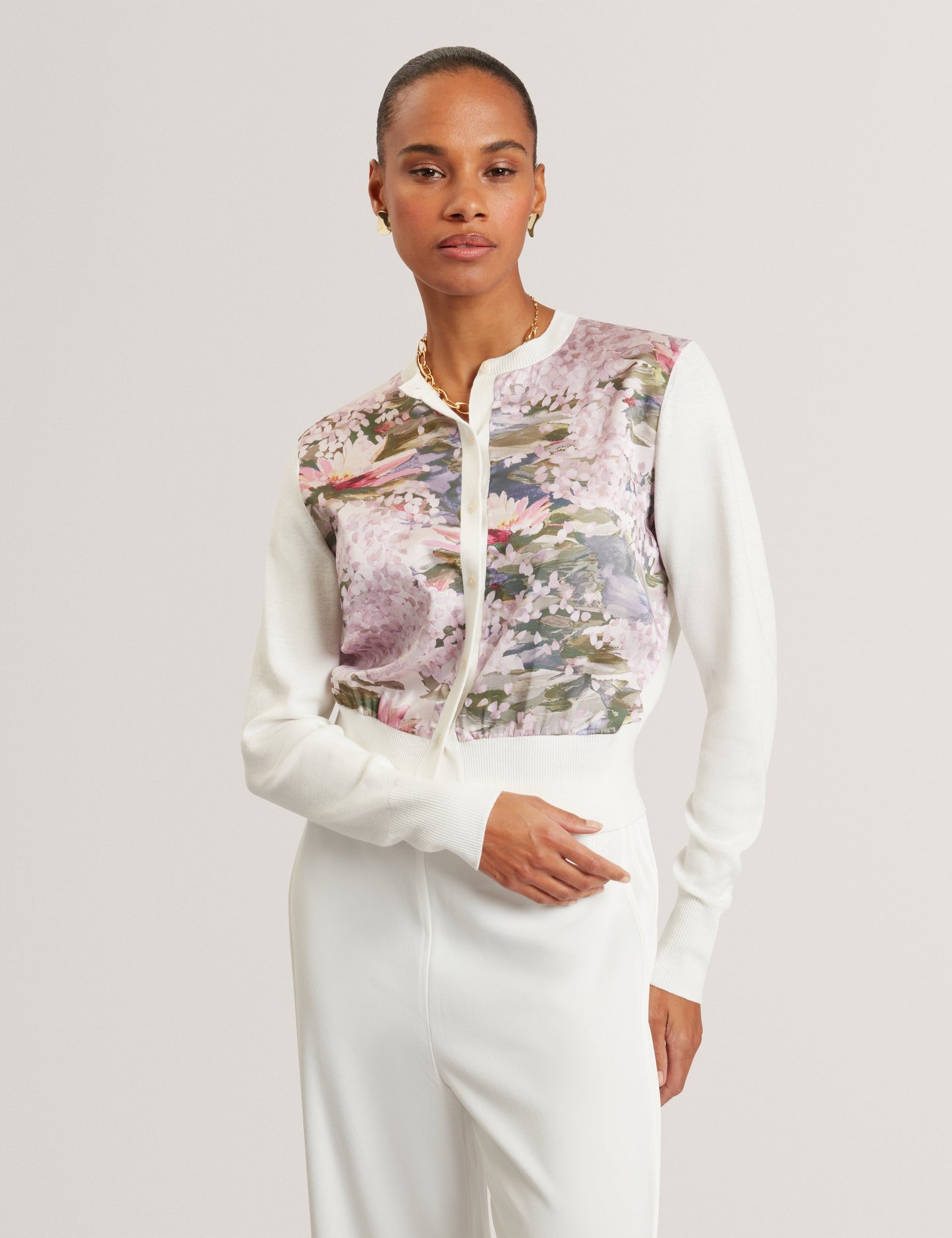 SISILLA: Printed Woven Front Cardigan