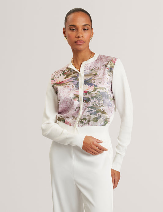 SISILLA: Printed Woven Front Cardigan