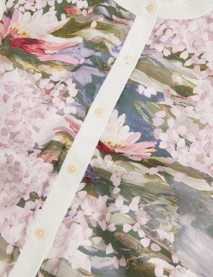 SISILLA: Printed Woven Front Cardigan