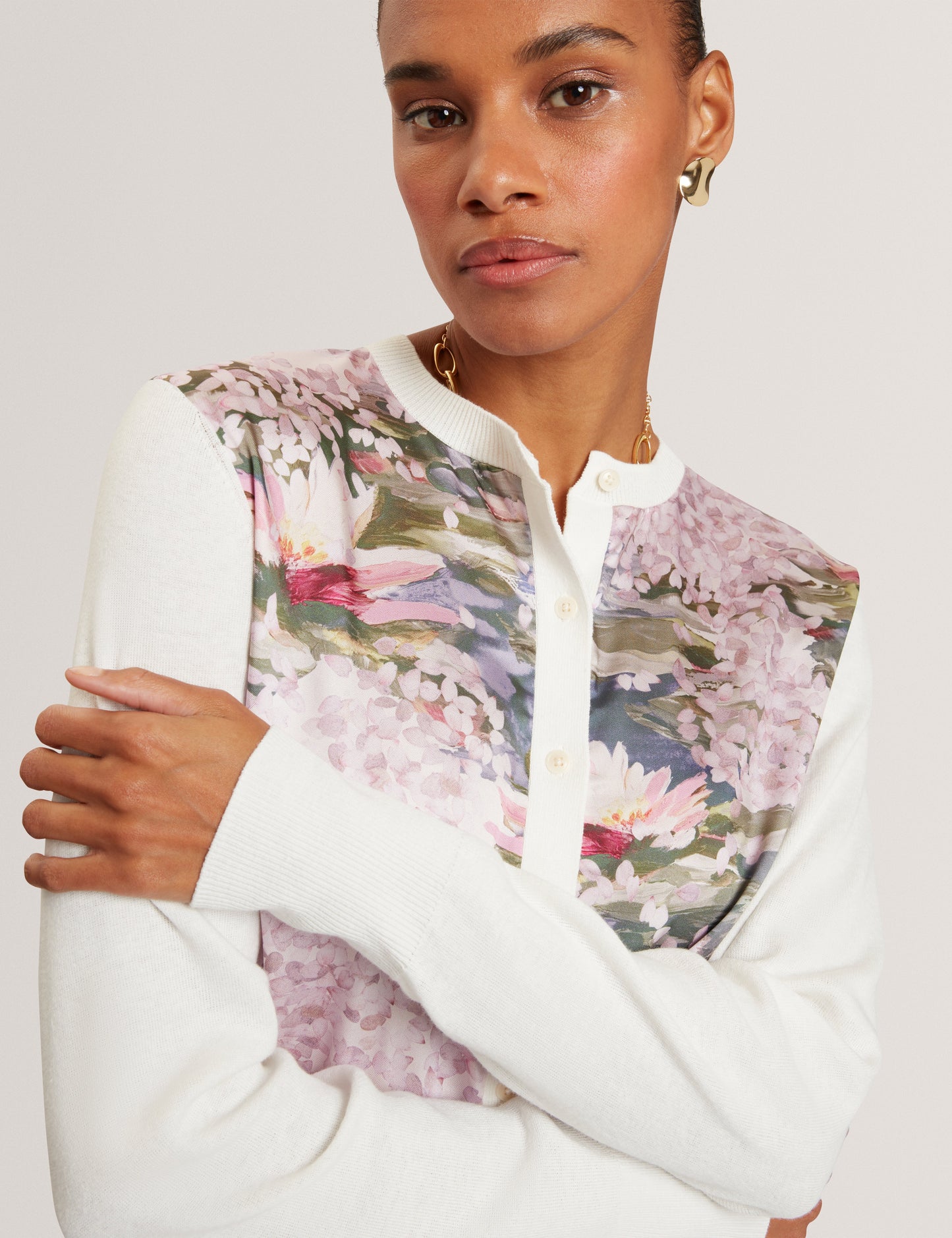SISILLA: Printed Woven Front Cardigan