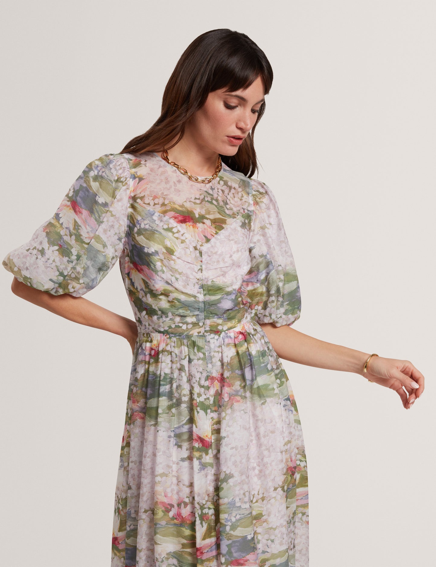 JONORA: Puff Sleeve Printed Midi Dress