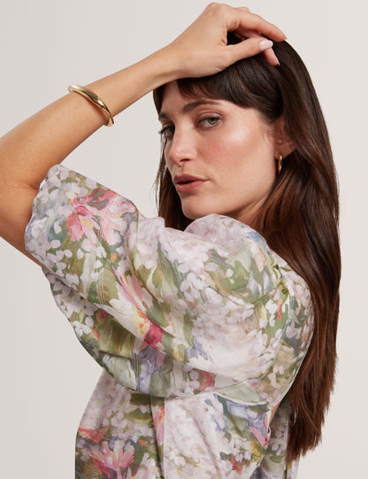 JONORA: Puff Sleeve Printed Midi Dress