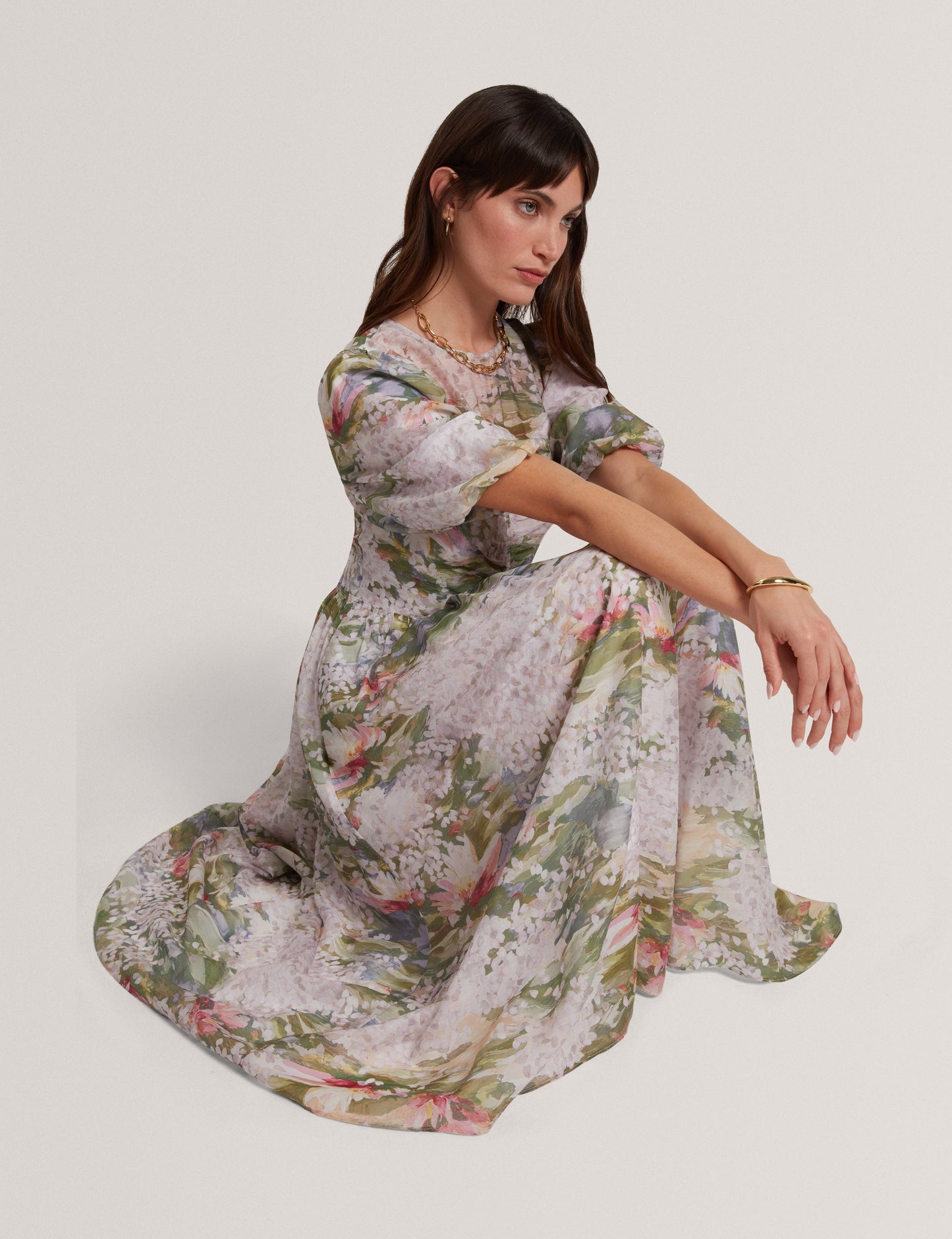 JONORA: Puff Sleeve Printed Midi Dress
