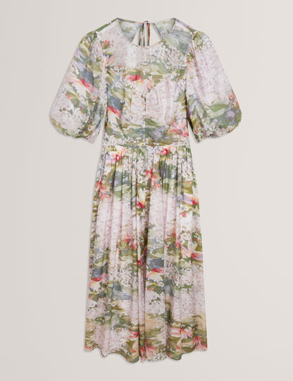 JONORA: Puff Sleeve Printed Midi Dress