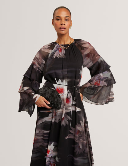 MOLIIA: Ruffled Long Sleeve Printed Maxi Dress