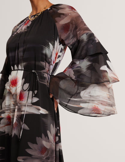 MOLIIA: Ruffled Long Sleeve Printed Maxi Dress
