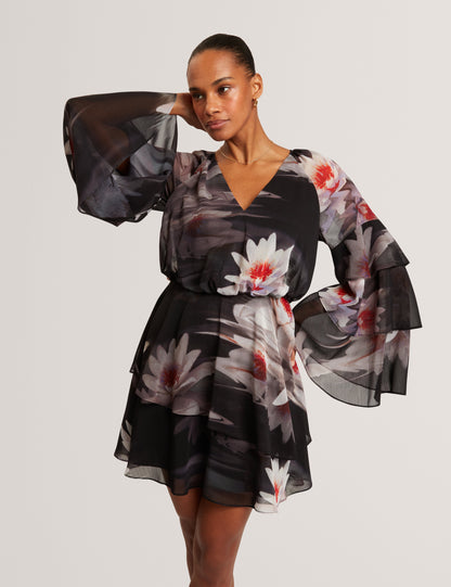 NAYVIE: Ruffled Long Sleeve Printed Mini Dress