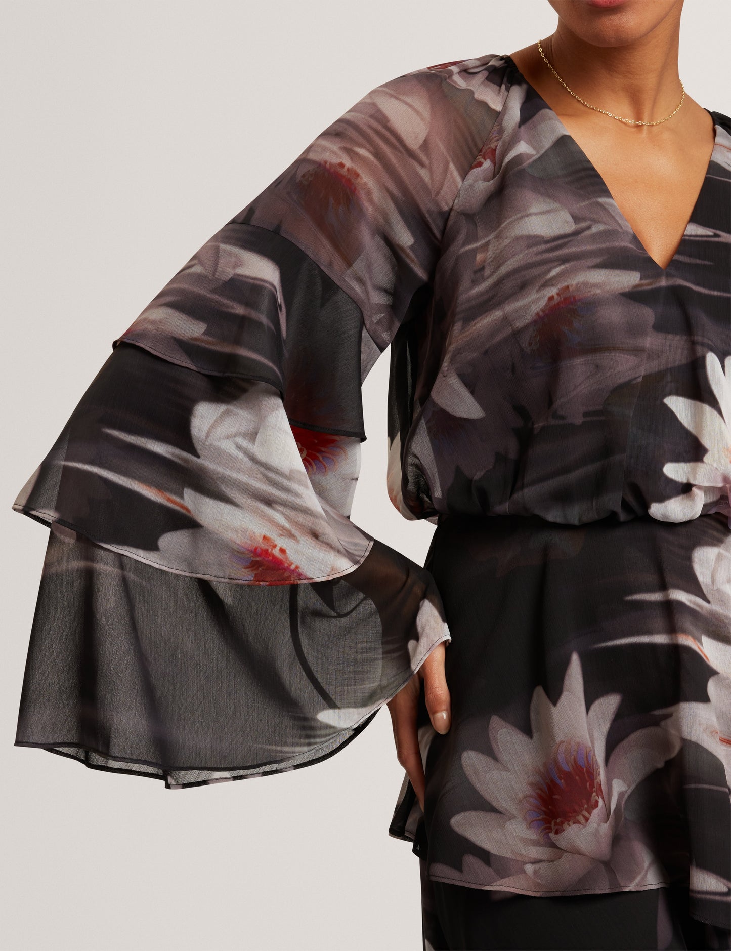 NAYVIE: Ruffled Long Sleeve Printed Mini Dress