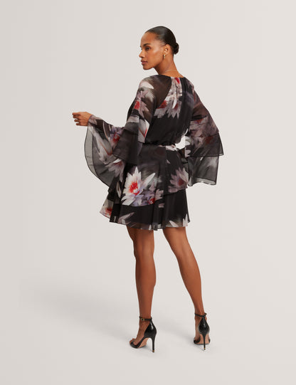 NAYVIE: Ruffled Long Sleeve Printed Mini Dress