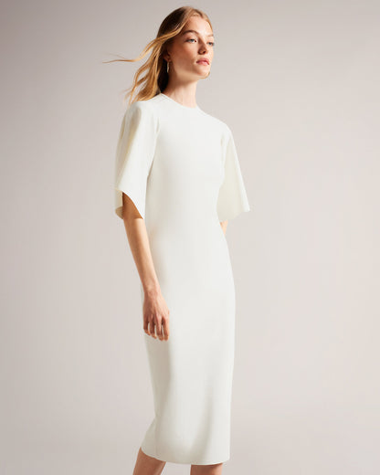 Women's Lounia-Fluted Sleeve Knit Bodycon Midi Dress White