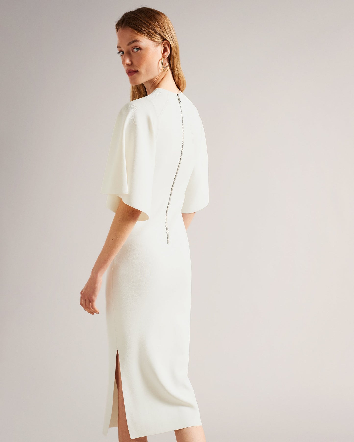 Women's Lounia-Fluted Sleeve Knit Bodycon Midi Dress White