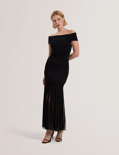 Women's SUANNAA-Dropped Waist Off The Shoulder Knit Dress Black