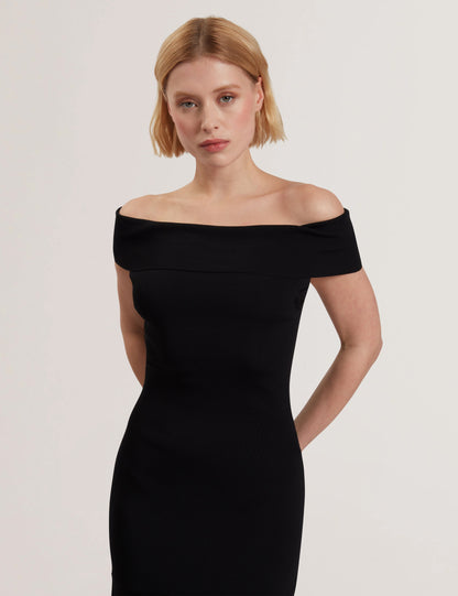Women's SUANNAA-Dropped Waist Off The Shoulder Knit Dress Black