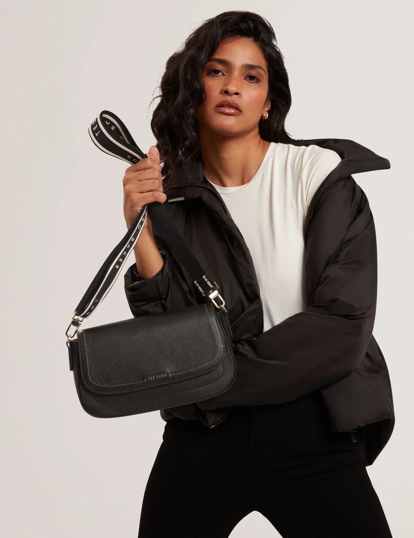 LOUIIZE: Webbing Leather Flapover Crossbody Bag