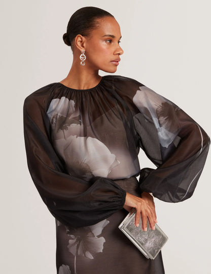 PLAAZA: Puff Sleeve Blouse With Organza Overlay