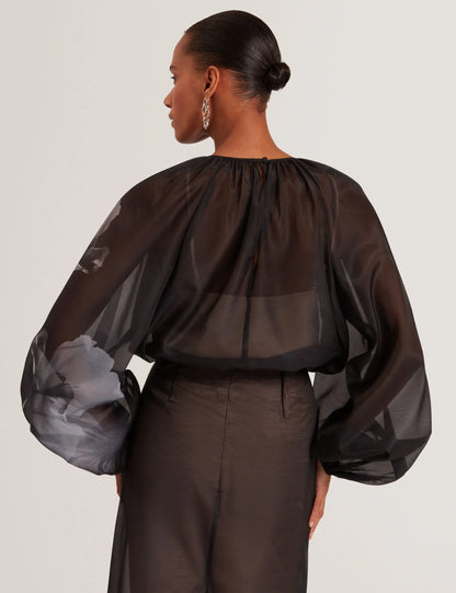 PLAAZA: Puff Sleeve Blouse With Organza Overlay