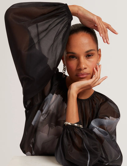 PLAAZA: Puff Sleeve Blouse With Organza Overlay