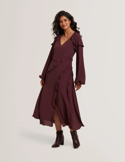 TRUEA: Long Sleeve Midi Dress With Frill Detail