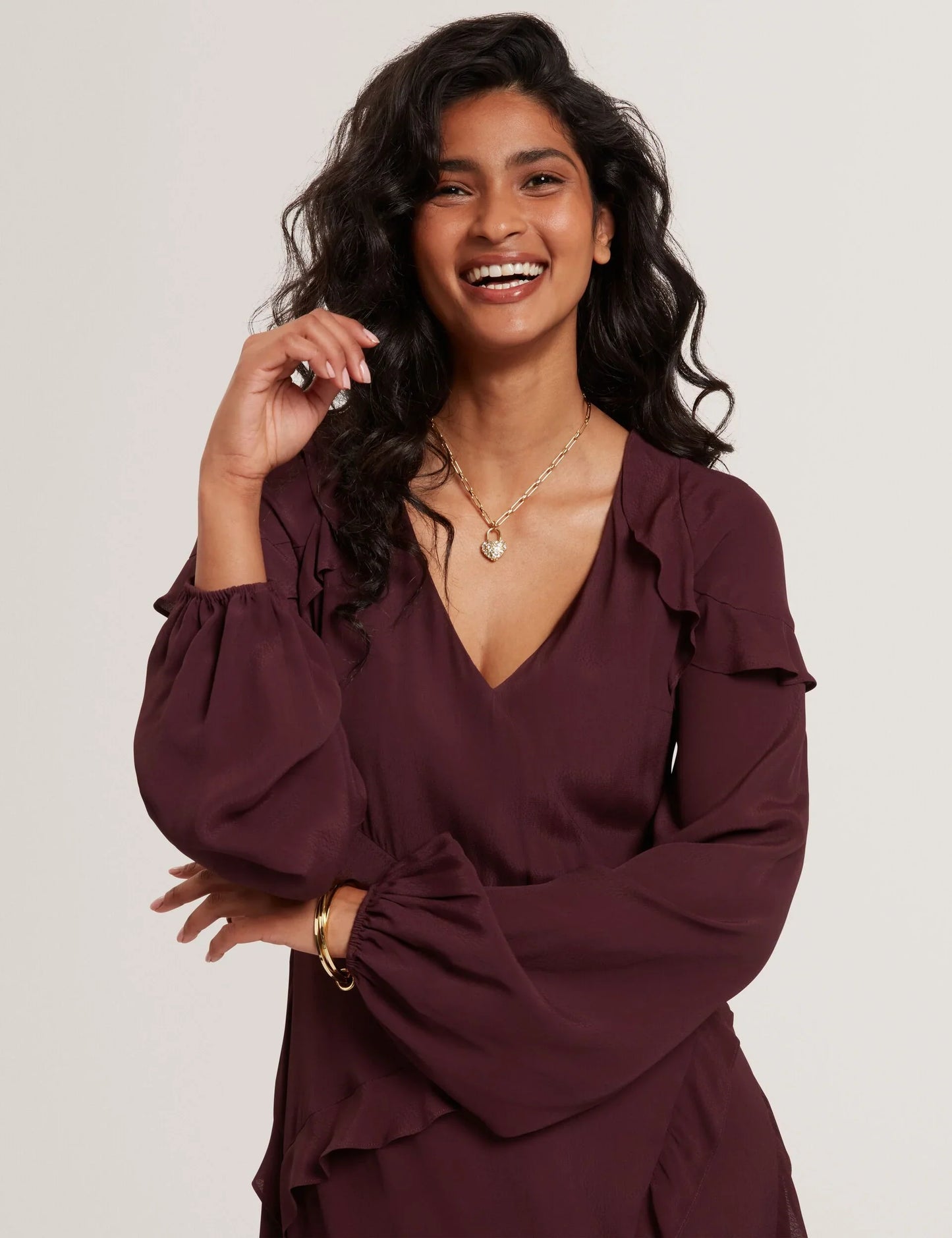 TRUEA: Long Sleeve Midi Dress With Frill Detail