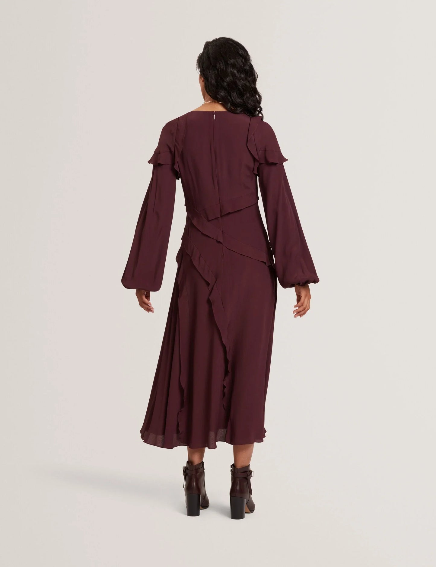 TRUEA: Long Sleeve Midi Dress With Frill Detail