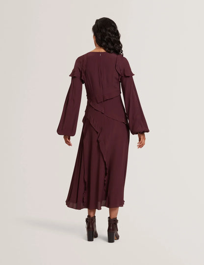 TRUEA: Long Sleeve Midi Dress With Frill Detail