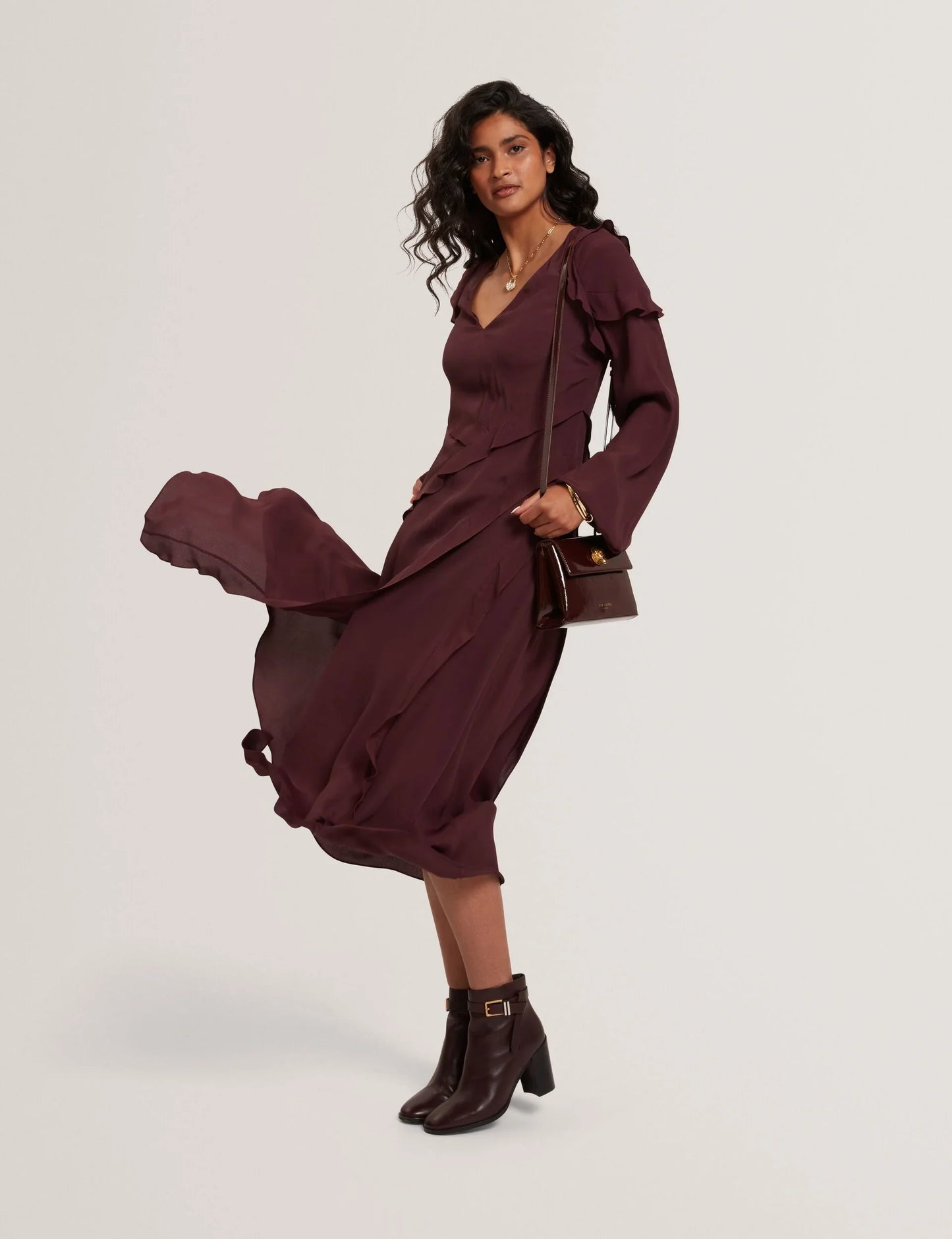 TRUEA: Long Sleeve Midi Dress With Frill Detail