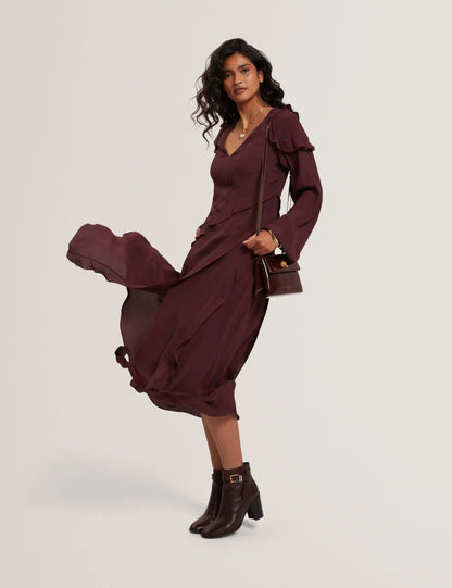 TRUEA: Long Sleeve Midi Dress With Frill Detail