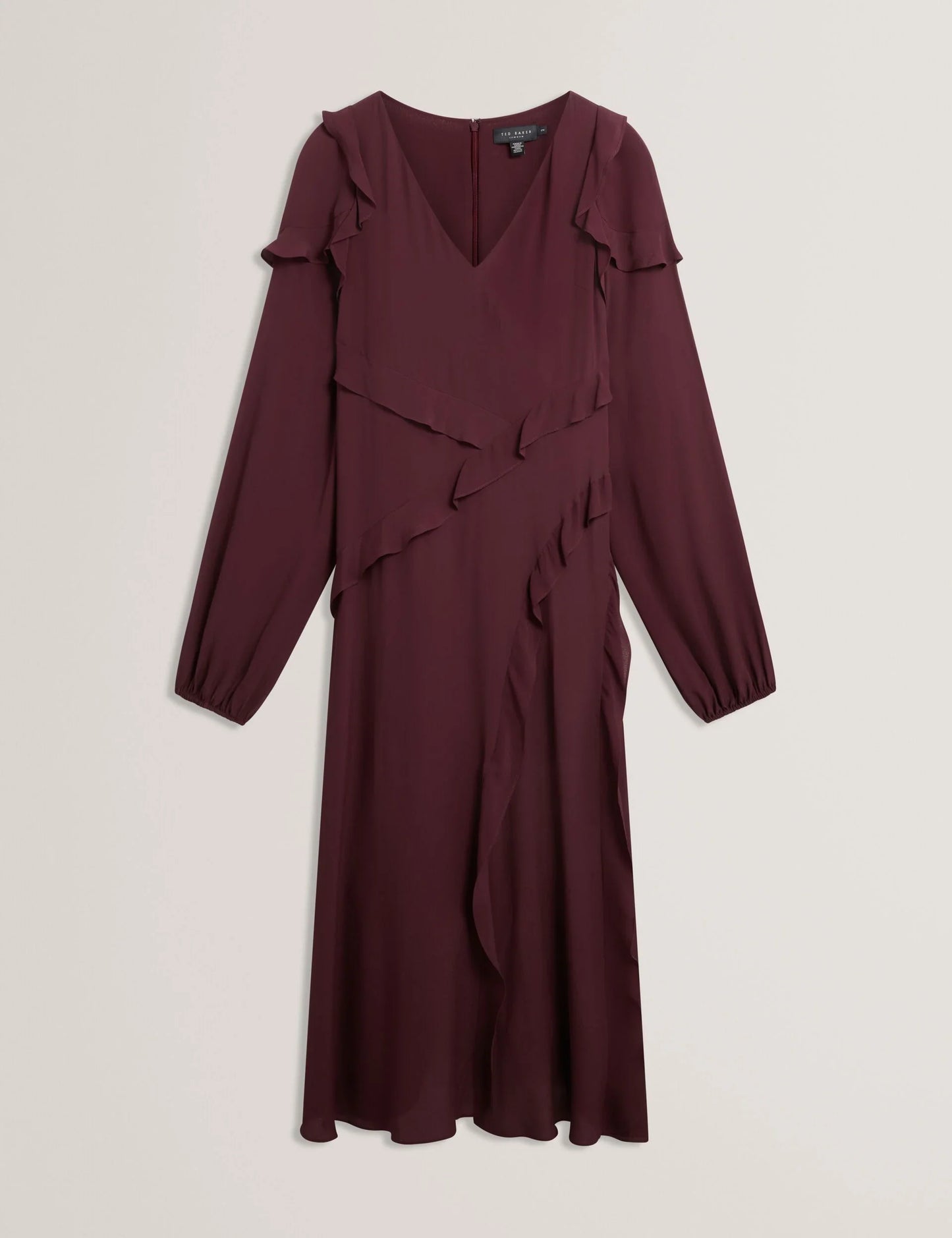 TRUEA: Long Sleeve Midi Dress With Frill Detail