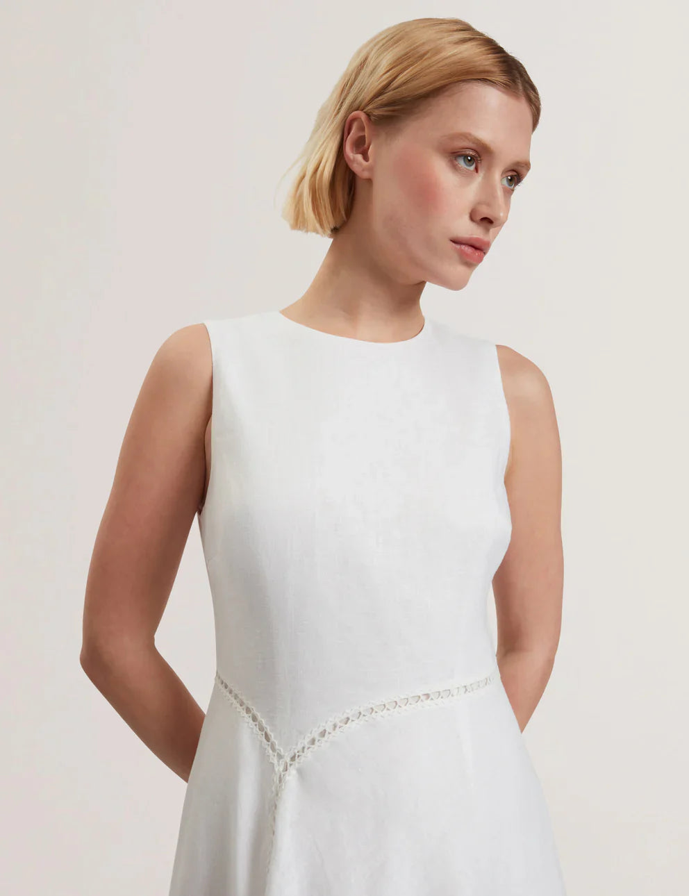 Women's ULIAA-Asymmetric Trim Detail Linen Midi Dress
