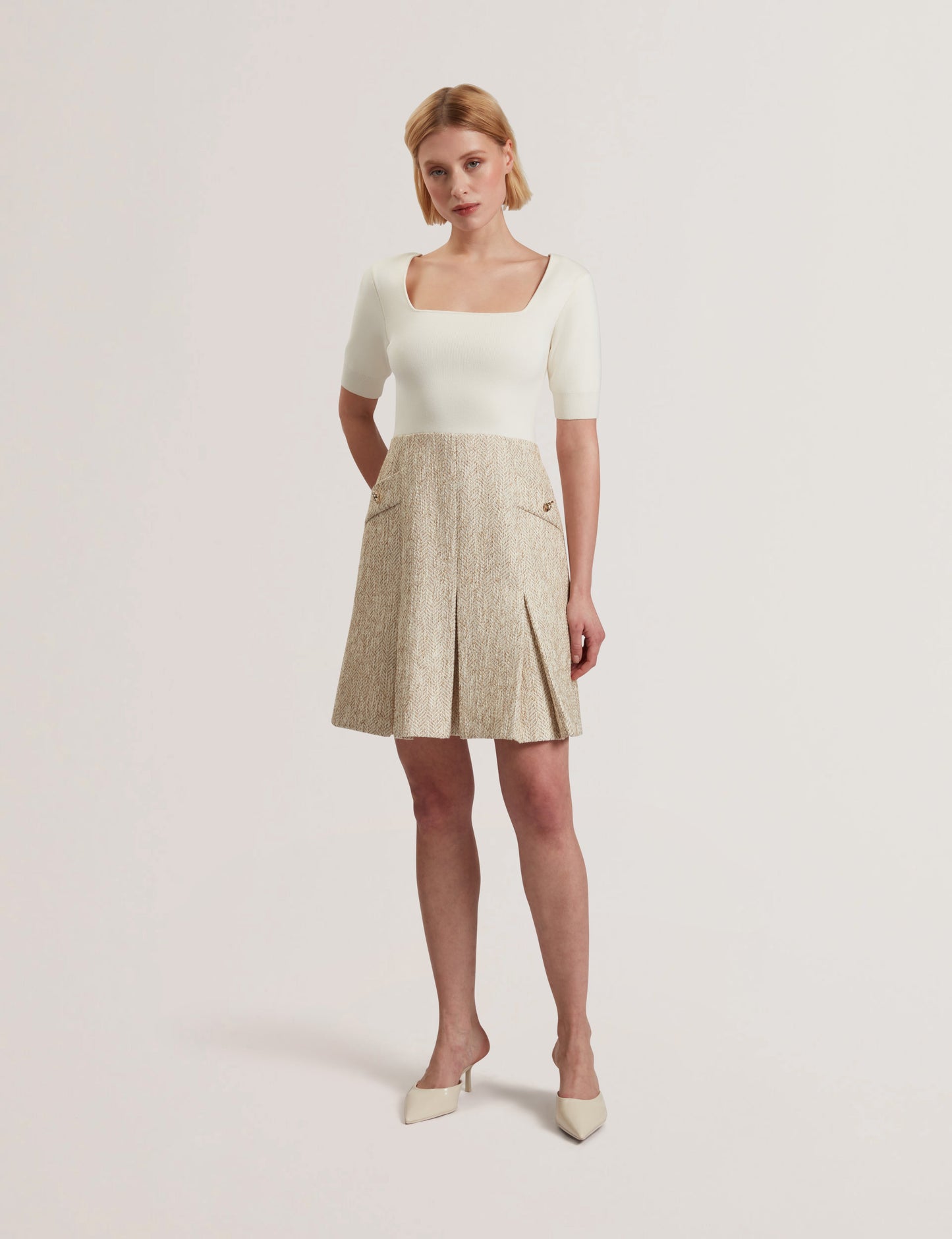 VULPAD: Knit Bodice Boucle Mini Dress